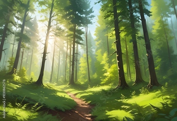 Fototapeta Majestic Forest of Lush Green Deciduous Trees Sunlight Streaming Through Vibrant Foliage A Peaceful Nature Escape in Tranquil Serenity.