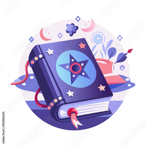 Fototapeta A flat illustration of haunted witch with bats 