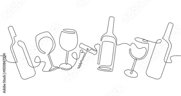 Fototapeta Seamless pattern with bottles and glasses of wine and corkscrew isolated on white background. Vector illustration in continuous line drawing style as element for decorating banner, website, menu.