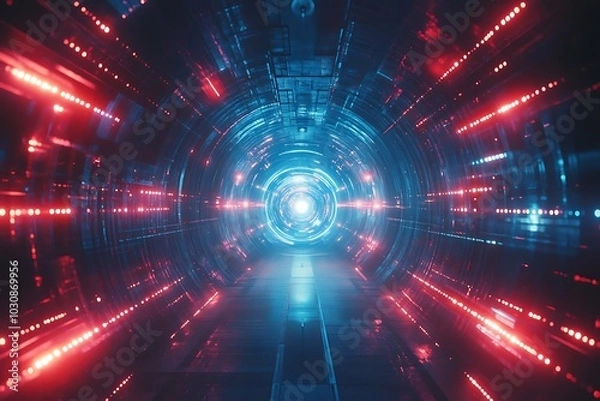 Fototapeta Neon Glowing Corridor with Circular Lights and Red and Blue Contrast