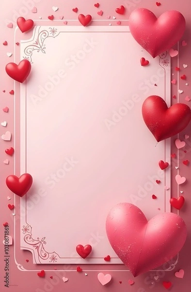 Fototapeta A Valentine's Day greeting card with red balloons in a shape of heart on pink background with copy space.