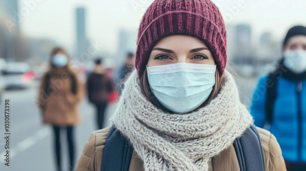Fototapeta Young woman in a face mask and knit hat looking at the camera.