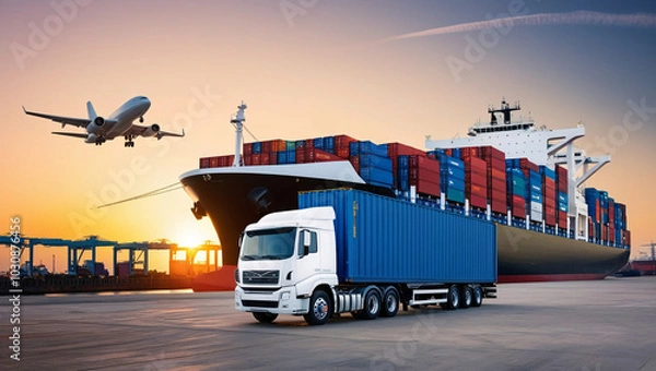Fototapeta Sunset at the Shipping Port High-Resolution Photograph of a White Truck with Blue Container, a Docked Cargo Ship, and an Ascending Airplane Against a Warm Gradient Sky