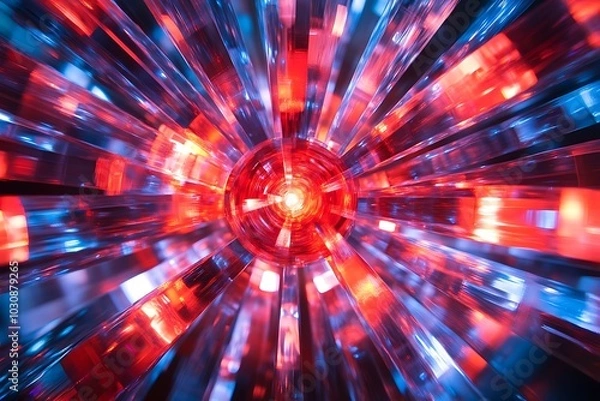 Fototapeta Red and Blue Light Glimmer Through Prism Camera Lens