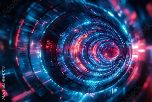 Fototapeta Red and Blue Neon Geometric Tunnel with Glow
