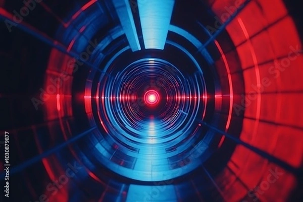 Fototapeta Red and Blue Neon Lights in Circular Tunnel