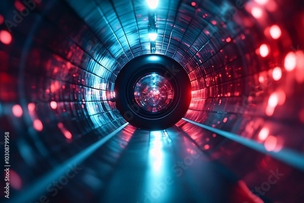 Fototapeta Red and Blue Neon Light Tunnel with Camera Lens