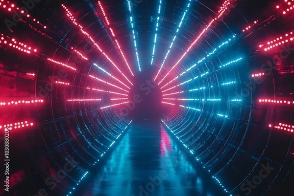 Fototapeta Red and Blue Neon Lights Tunnel Perspective