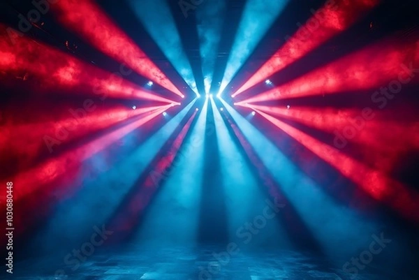 Fototapeta Red and Blue Spotlight Beams on Stage with Smoke and Blur
