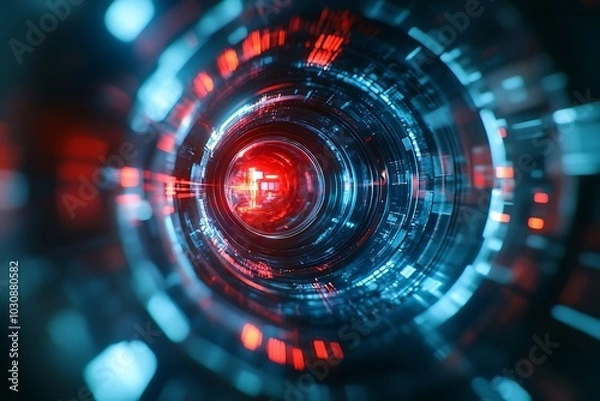 Fototapeta Red and Blue Sci-Fi Tunnel with Light Flow and Lens Flare.