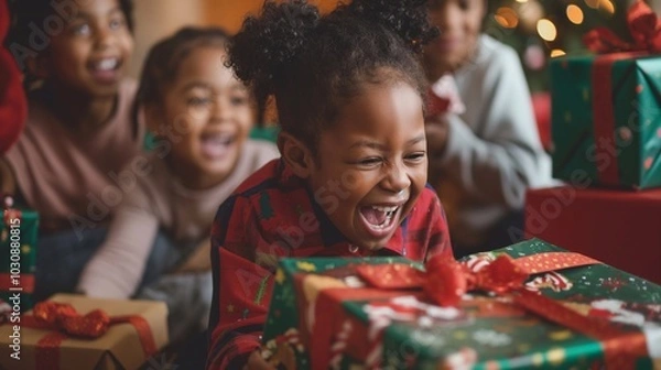 Fototapeta Happy black smiling girl is laughing while opening a christmas present, surrounded by friends and family in front of a decorated christmas tree. Happy New Year and Merry Christmas at home