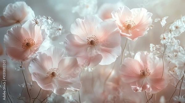 Fototapeta Delicate pink flowers gently sway, creating a serene atmosphere filled with beauty and grace in a soft, dreamy light.