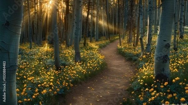 Fototapeta Sunbeams Filtering Through Aspen Trees and Wildflowers