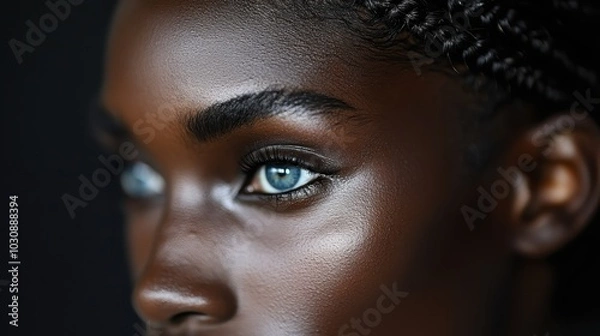 Fototapeta A striking image capturing the detailed close-up of a model with intricate braided hairstyle and captivating blue eyes, presenting a regal and enchanting aura.