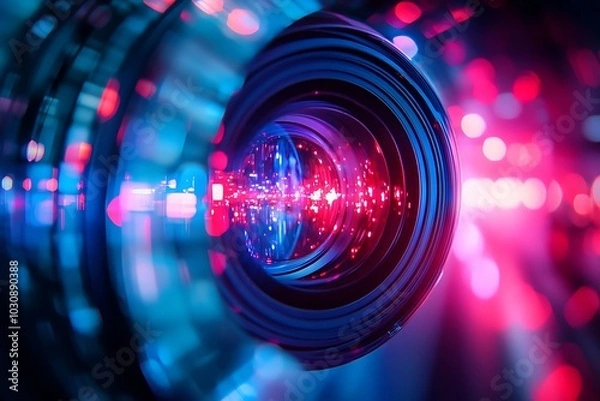 Fototapeta Red and Blue Lens Flare Bokeh Background with Metallic Texture