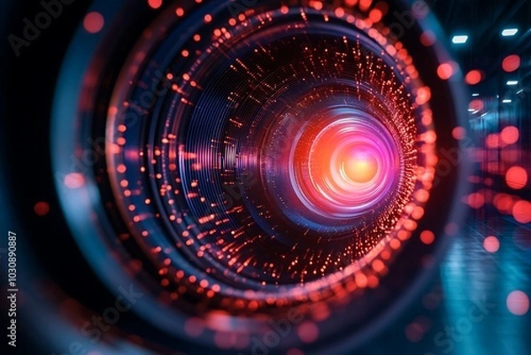 Fototapeta Red and Blue Lens Flare Tunnel with Bokeh Lights