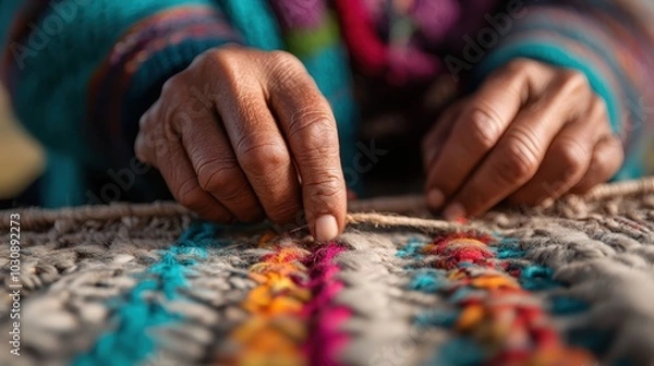 Fototapeta Close-up of skillful, experienced hands weaving vibrant, colorful yarn on a loom, representing artistry and heritage with intricate technique and vivid textures.