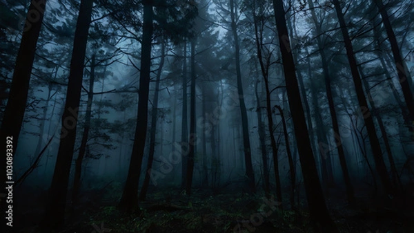 Fototapeta A dark, eerie forest at night, enveloped in dense fog, with towering trees casting ominous shadows, evoking a chilling and haunting atmosphere