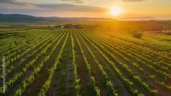 Obraz Croatian Sunset Splendor: Captivating Aerial View of a Vineyard Field in the Countryside