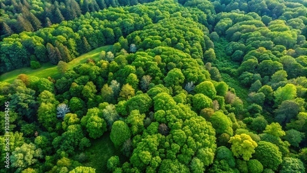 Fototapeta Aerial view of lush green forest with trees and bushes growing in countryside
