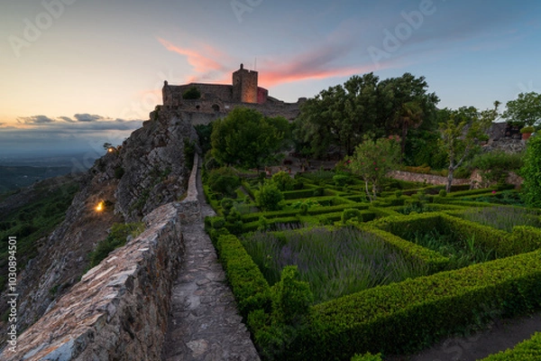 Fototapeta Amazing Sunset at Castle Marvao, a small picturesque village in the Alentejo. Panoramic view landscape. Beautiful landmark in Portugal, with its historic walls and towers.