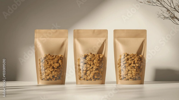 Obraz Three kraft paper doypack pouches mockup showing granola