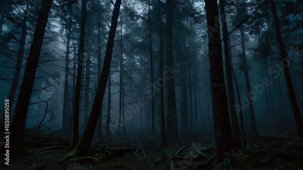 Fototapeta A dark, eerie forest at night, shrouded in thick fog, with towering trees looming in the shadows, creating a chilling and unsettling atmosphere