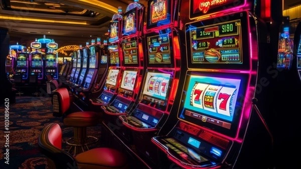 Fototapeta Gigantic slot machine with oversized symbols and colorful design