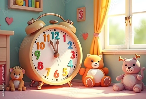 Obraz Cute Children's Room with Alarm Clock and Plush Toys