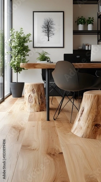 Obraz Design an office with natural wood flooring, black metal legs on the desk and two tree stump side tables, modern home interior