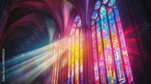 Fototapeta Colorful stained glass windows inside a cathedral with light streaming in