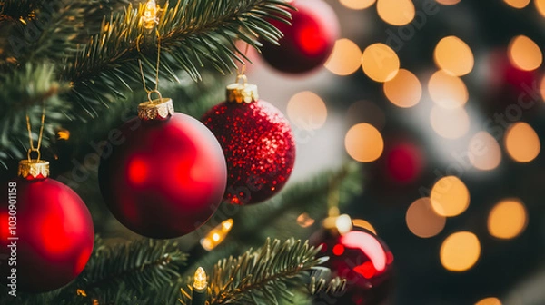 Obraz A tree with red ornaments hanging from it