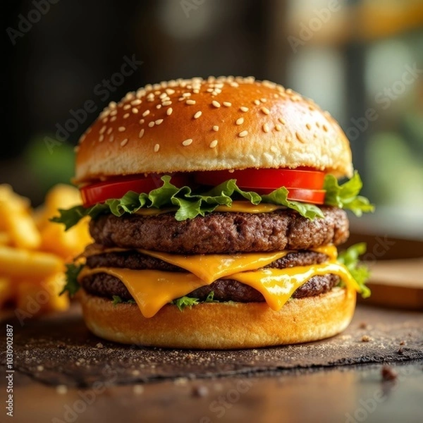 Fototapeta Delicious double cheeseburger with fresh lettuce, tomato, and melted cheese served with crispy fries on a rustic table