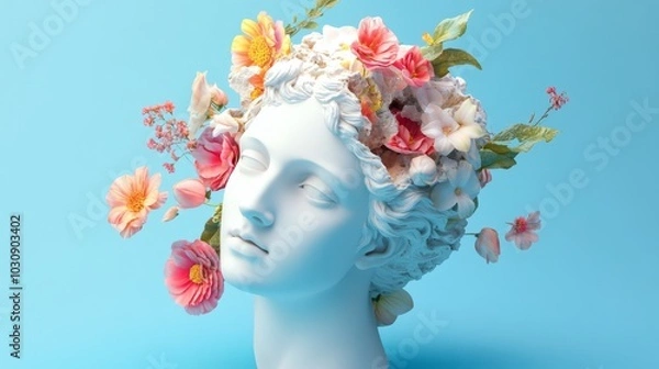 Fototapeta Minimalistic spring and summer composition showing a white plaster statue of venus head decorated with colorful flowers on a light blue background