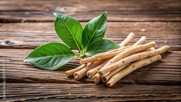 Obraz Close-up of ashwagandha root and leaves on wooden surface