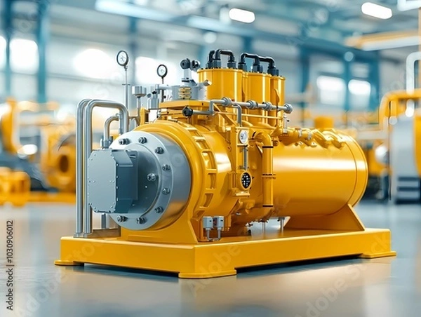 Fototapeta A vibrant industrial machine in yellow, showcasing advanced engineering and design within a factory setting.