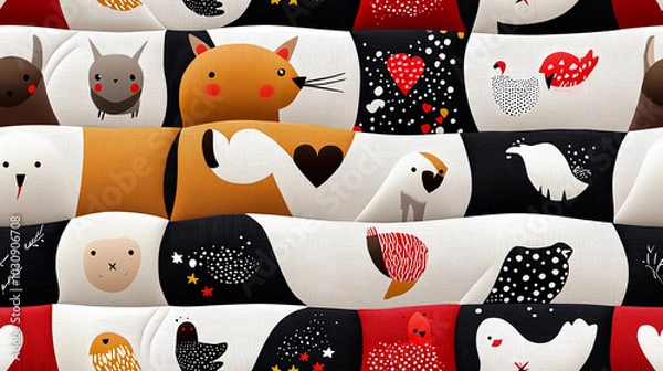 Fototapeta Colorful and playful animal patterns create whimsical and cheerful design, featuring various cute creatures like cats, birds, and more, perfect for childrens decor or fabric