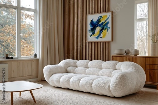 Fototapeta Minimalist, modern Scandinavian interiors in the living room with wooden board-finished walls and art frames hanging and sofas. Generative AI
