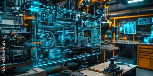 Fototapeta AR Training Module with Digital Diagrams Overlayed on Workbench for Technical Task Instructions AR Training Module with Digital Diagrams Overplayed on Workbench for Technical Task Instructions