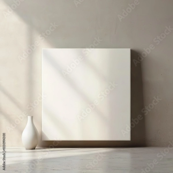 Fototapeta Minimalist interior canvas mockup with a blank canvas against a neutral wall. Perfect for displaying artwork or posters in a modern, clean space