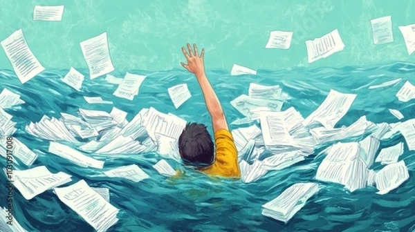 Fototapeta Worker drowning in a sea of paperwork, reaching for help, symbolizing overworking