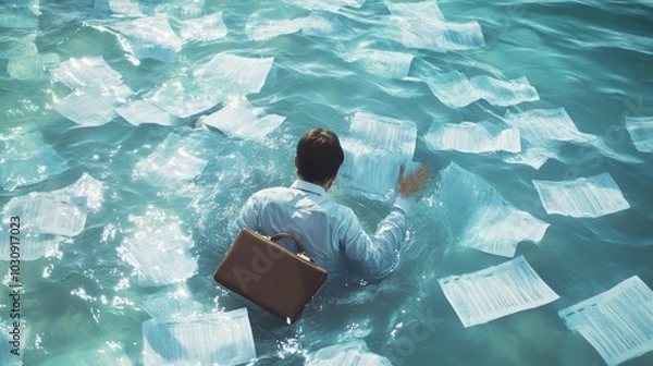 Fototapeta Overworked employee sinking in quicksand of tasks, clinging to a briefcase