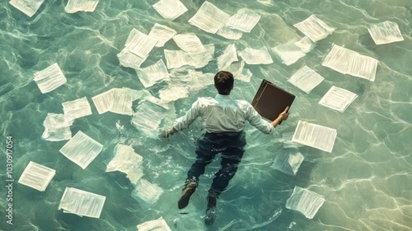 Fototapeta Businessperson trapped in spreadsheet quicksand, symbolizing overworking stress