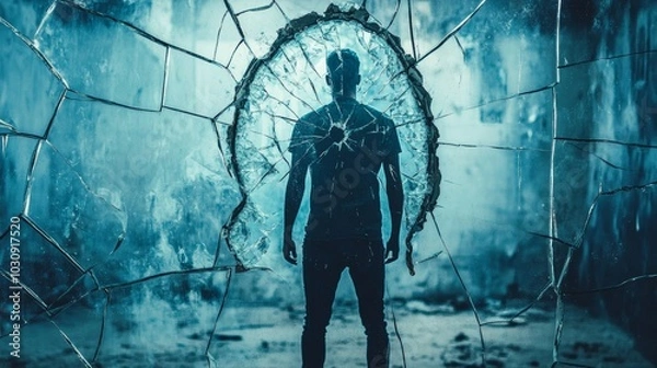 Fototapeta Worker's distorted reflection in broken mirror, symbolizing the mental toll of burnout