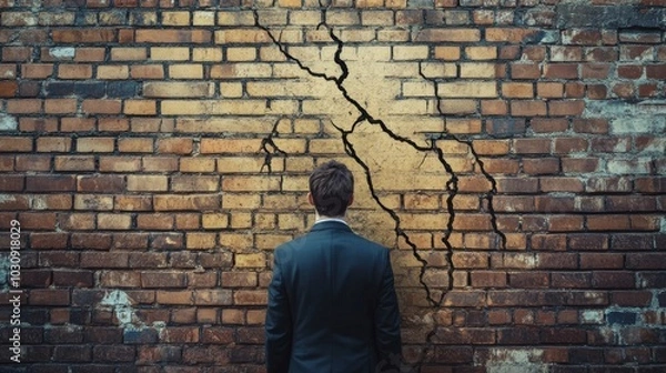Fototapeta Cracked brick wall in front of worker, symbolizing mental breakdown from burnout