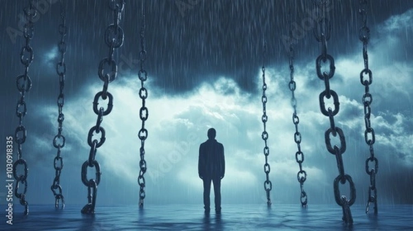 Fototapeta Figure under perpetual raincloud, with drops turning into heavy chains of stress