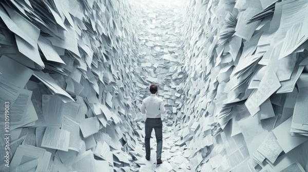 Fototapeta Person frantically searching for exit in paperwork maze, symbolizing stress and anxiety