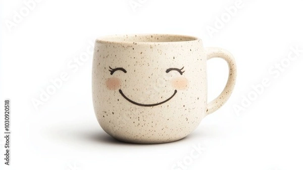 Fototapeta Cream mug with a smiling face on a white background, radiating joy. Perfect for morning drinks, adding a cute touch to your kitchen