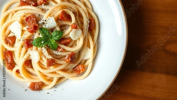 Fototapeta Traditional Italian pasta Carbonara, Spaghetti with bacon, egg and parmesan cheese