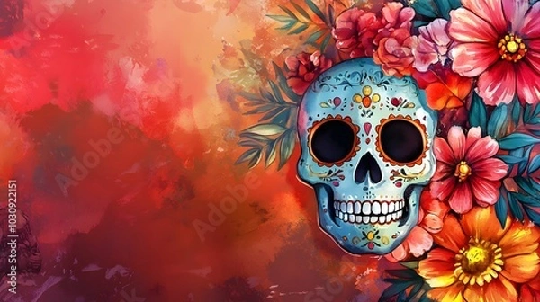 Fototapeta watercolor skull illustration colorful flowers floral bouquet background,generative ai